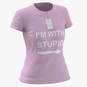 3D model Female Crew Neck Worn With Tag Pink Im With Stupid 02