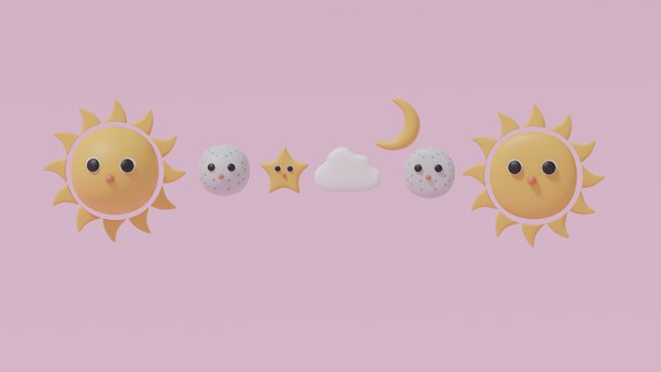 3D Cartoon Cute Sun Moon Star and Cloud