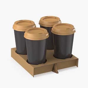 Cardboard Carrier with 4 Coffee Cups 3D model