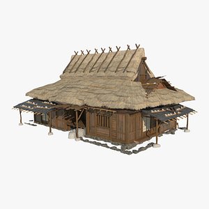 3D Asian ancient architecture thatched cottage model