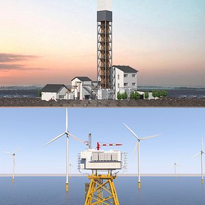 3D model Solar Power Station and Offshore Wind Farm Scene