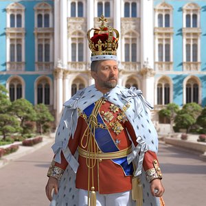 3D Medieval Monarchs Wearing Robe and Crown Fur Rigged model