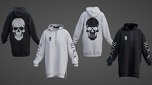 3D model Oversized Graphic Print Hoodie Sweatshirt  White and Black Skull Gothic Sweater Dress
