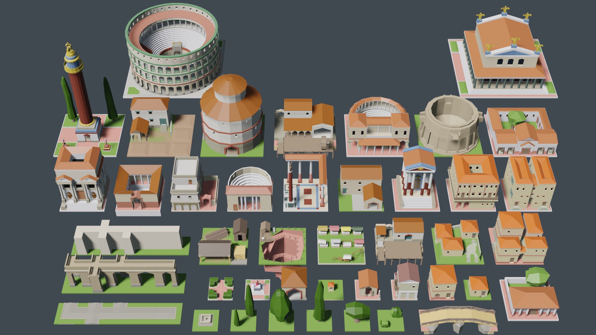 3D Rome Lowpoly city set https://p.turbosquid.com/ts-thumb/gV/ARbC72/Mn/romecitypreview1wide/png/1686572388/1920x1080/fit_q87/4a958673542cd607b71cef26044665913984ef9c/romecitypreview1wide.jpg