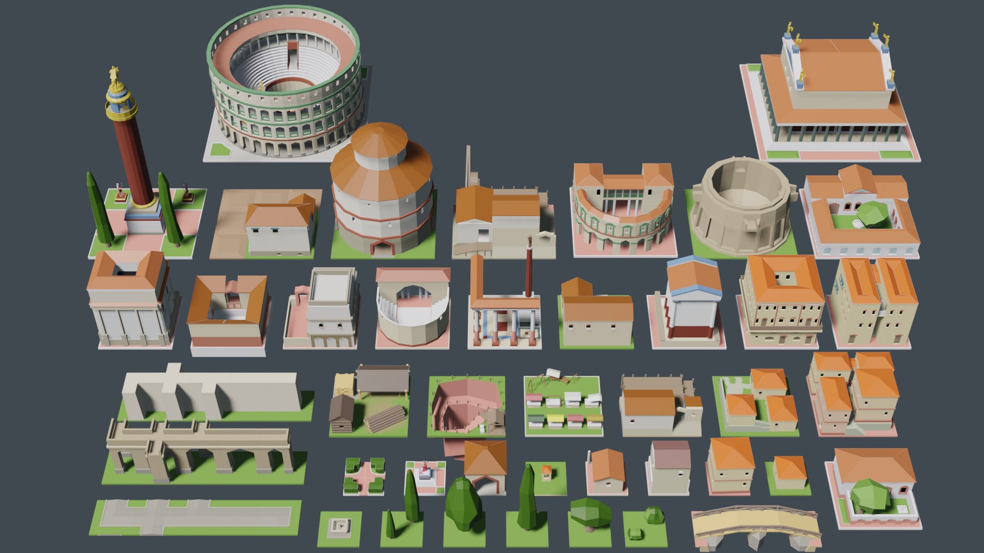 3D Rome Lowpoly city set https://p.turbosquid.com/ts-thumb/gV/ARbC72/Uf/romecitypreview2wide/png/1686572387/1920x1080/fit_q87/6869fea20d751266d2a67f03b4dcb4c78125cfa8/romecitypreview2wide.jpg