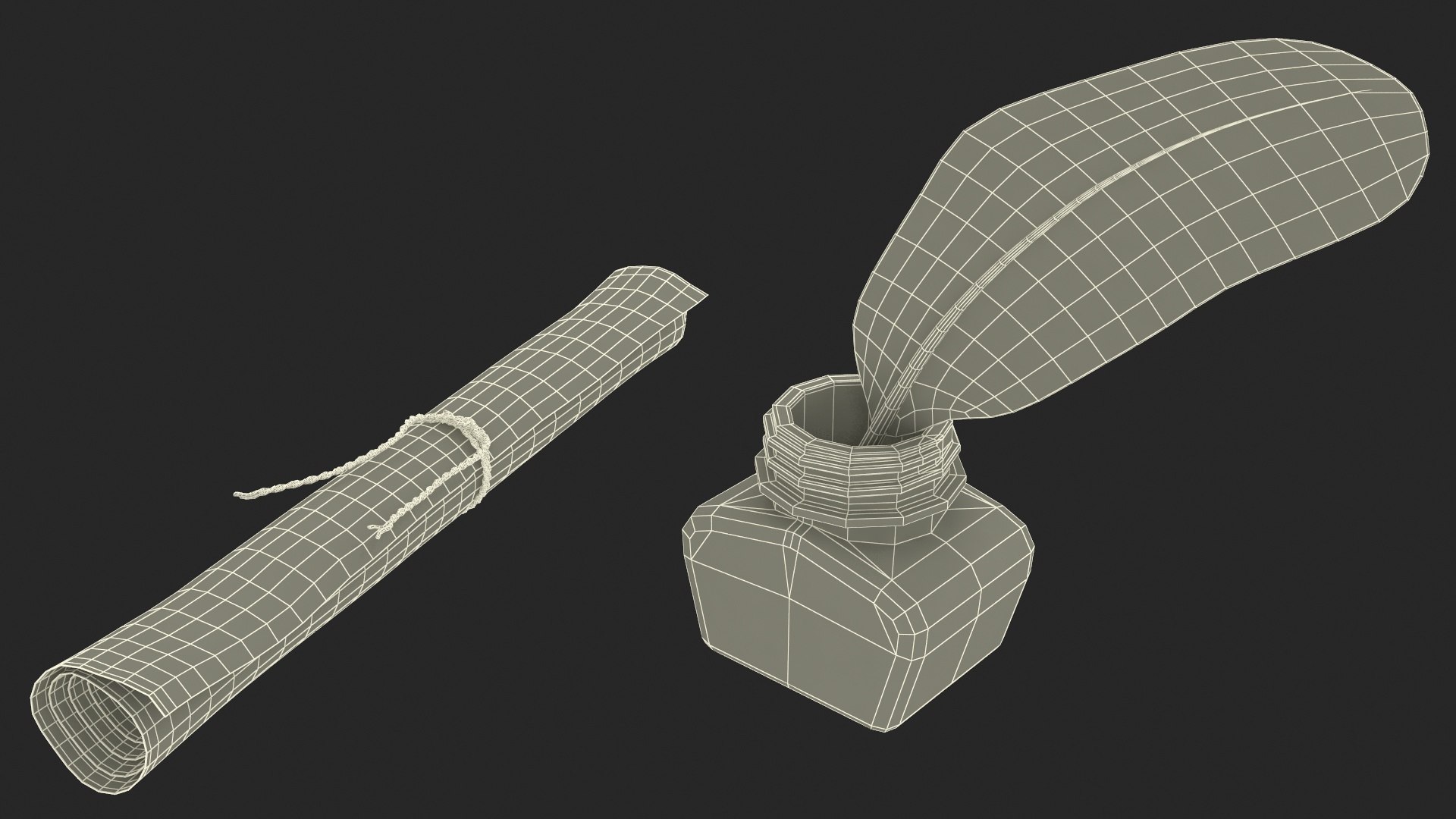 3D Old Rolled Paper with Quill Dark Feather Ink Set model TurboSquid