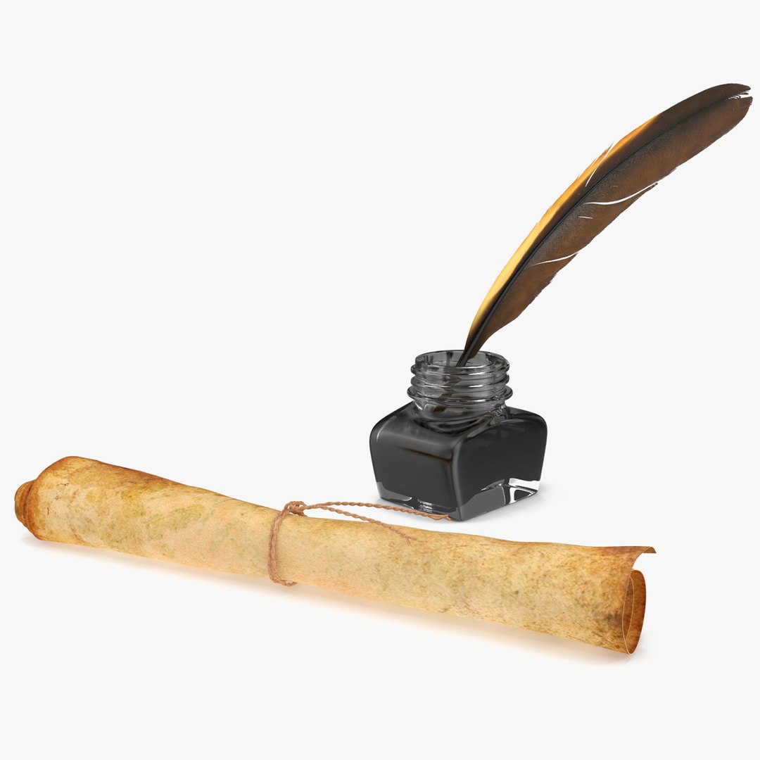 Old Rolled Paper with Quill Dark Feather Ink Set 3D model preview