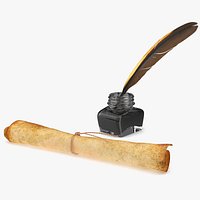 Old Rolled Paper with Quill Dark Feather Ink Set