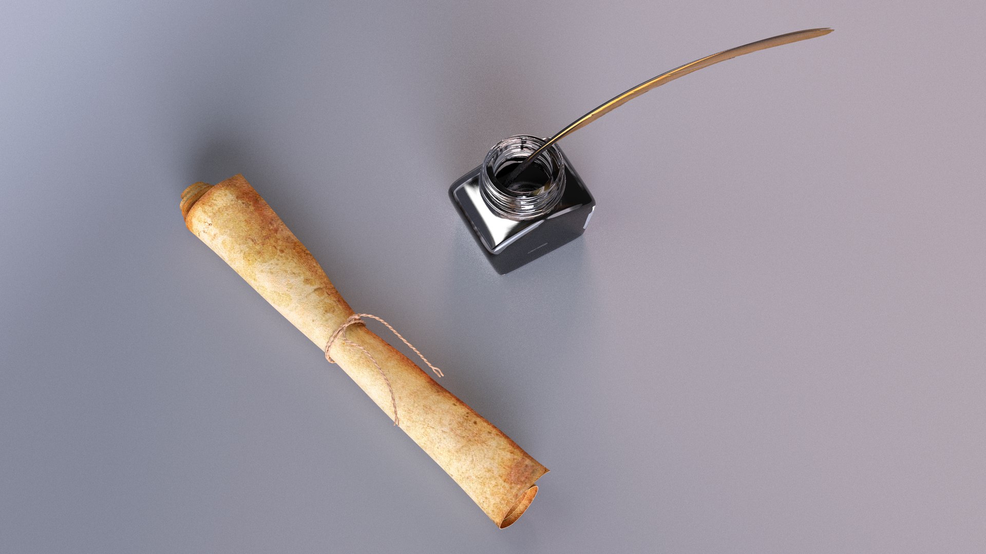 3D Old Rolled Paper with Quill Dark Feather Ink Set model TurboSquid