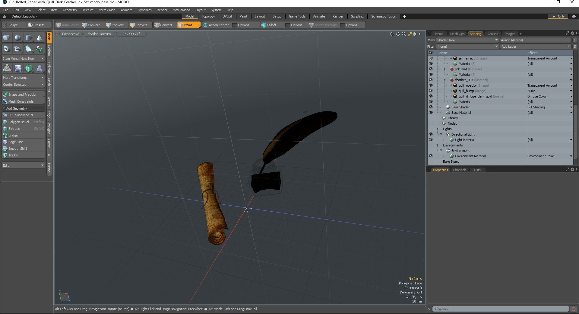 3D Old Rolled Paper with Quill Dark Feather Ink Set model TurboSquid