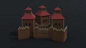 3D model Low-poly Cartoon wooden fortification polygonal