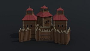 Low-poly Cartoon wooden fortification Polygonal Style