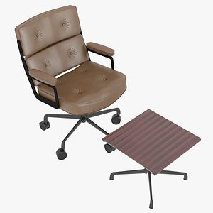 Eames Executive Chair Black Frame Dark Metal Brown Leather and Ottoman by Herman Miller