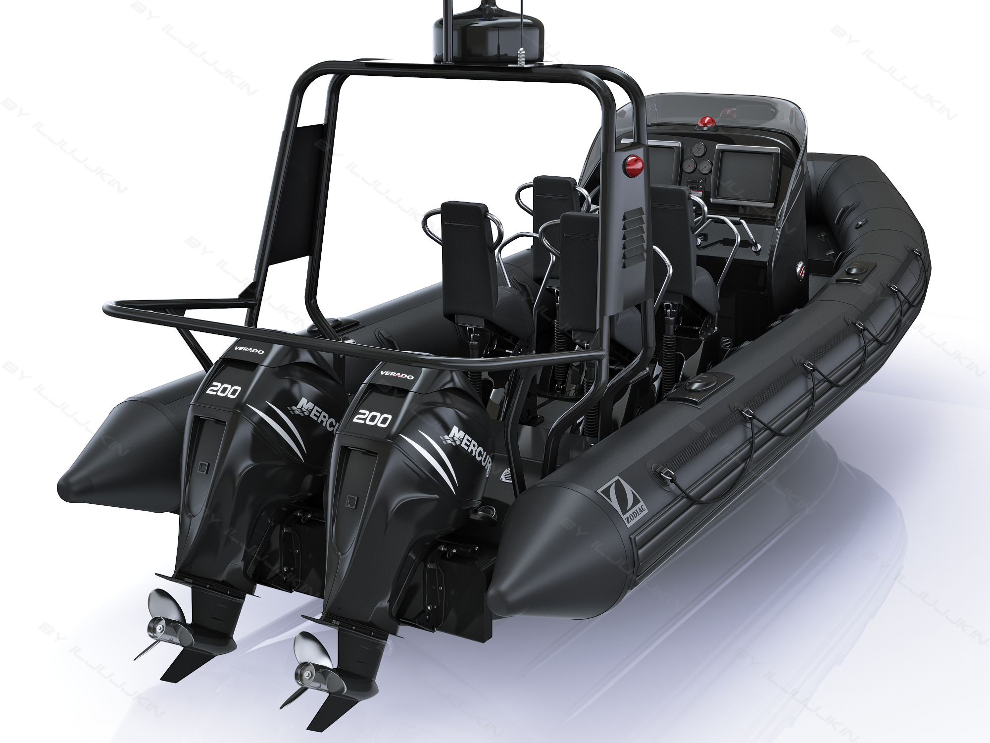 modelo 3d Bote inflable militar zodiac y motor Mercury Verado 200 RHIB ...
