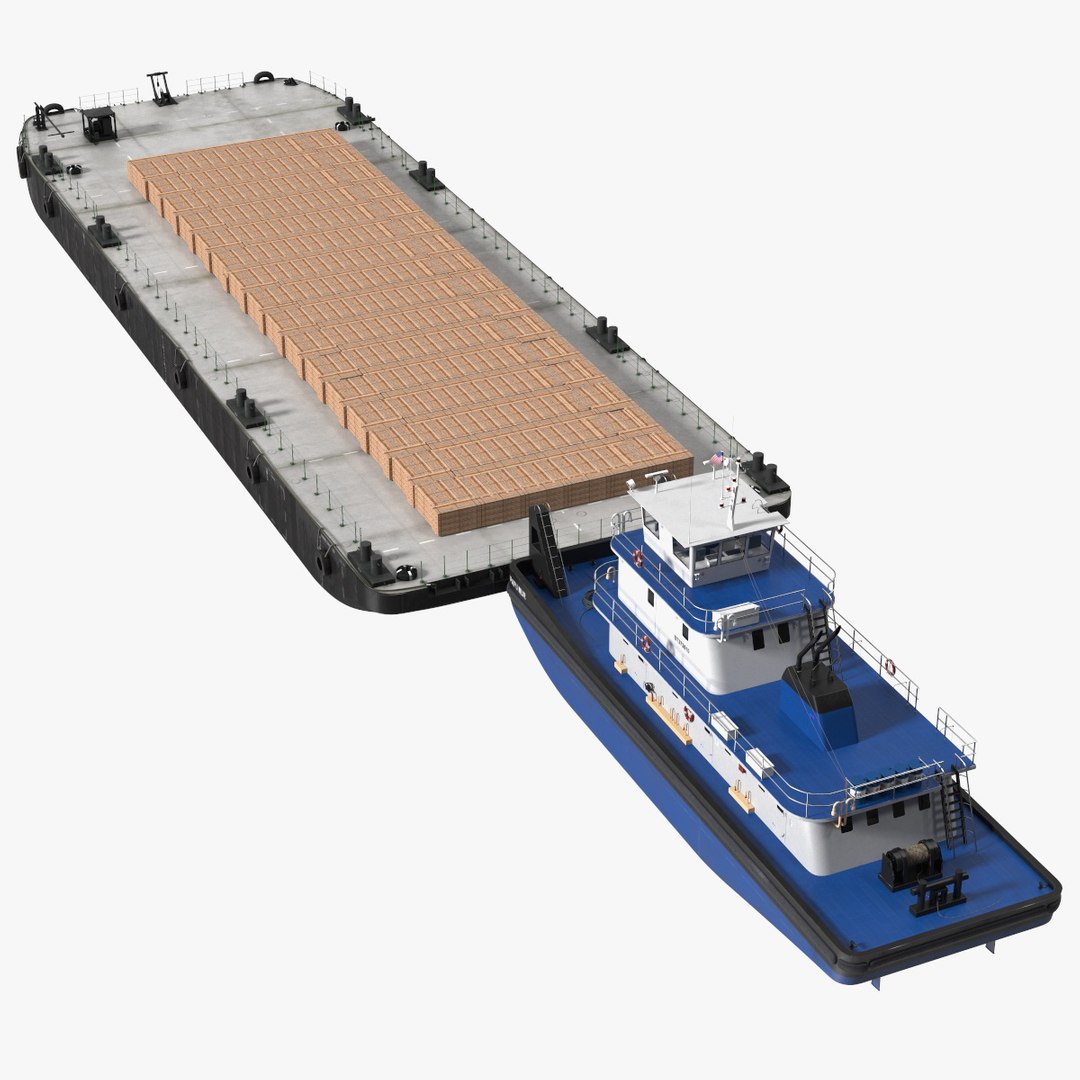 Push Boat Ship with Pontoon Barge Loaded Wood Planks 3D model preview