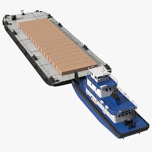Push Boat Ship with Pontoon Barge Loaded Wood Planks 3D model