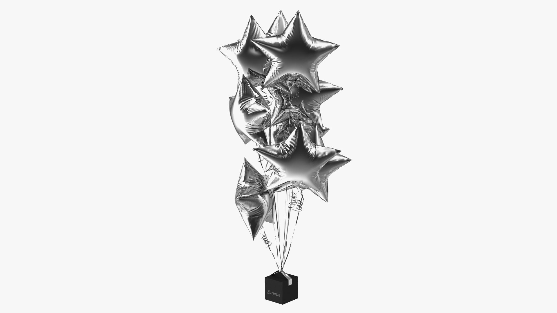Star Shaped Silver Balloons Tied to Gift Box 3D model preview