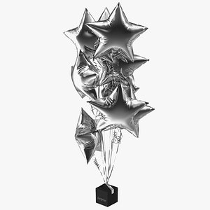 Star Shaped Silver Balloons Tied to Gift Box 3D