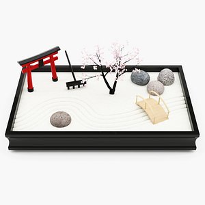 Miniature zen garden with gemstone tree torii and wooden bridge