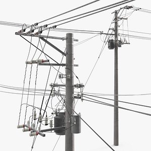 3D Utility Power Pole with Transformer and Overhead Wires model