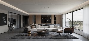 Modern living room dining room kitchen