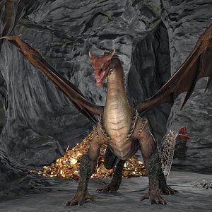 3D Dragon Guarding Treasures in Cave