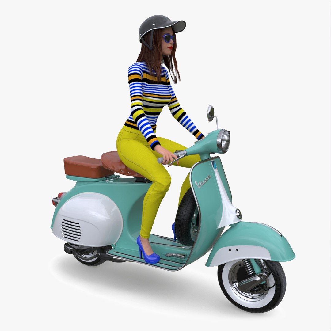 Female Character on Scooter with Cap Safety Helmet