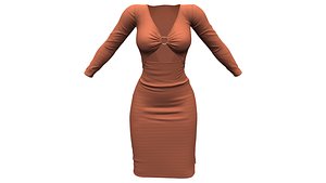 Buckle Connected Chest Side Slit Skirt Elegant Earth Female Dress 3D model