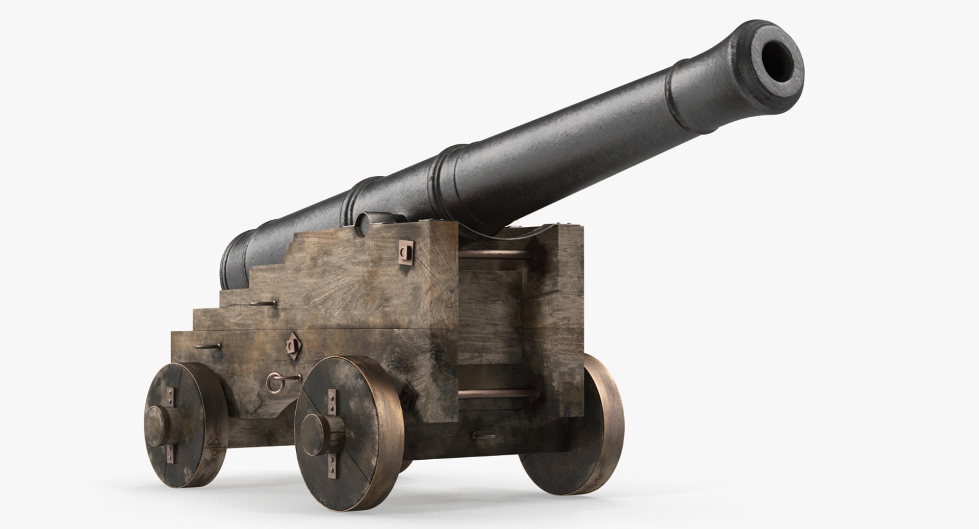 Old Ship Cannon with Wooden Carriage 3D Model 3D model preview