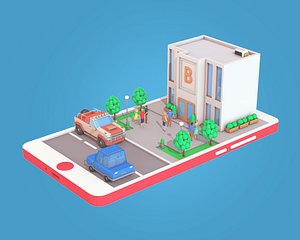 Low Poly Bank Building on Phone screen
