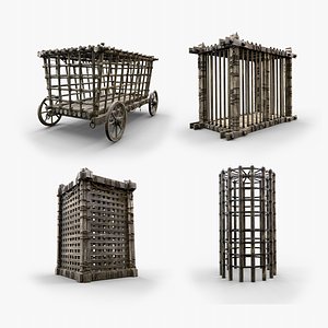 3D CAGE PACK ANIMAL HUMAN MEDIEVAL FARM WOODEN LOCKER COLLECTION model