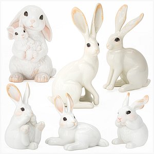 Collection white ceramic rabbit Bunny figurines decor set 3D