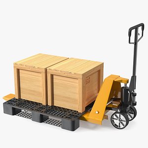 Industrial Pallet Jack Yellow with Wooden Crates