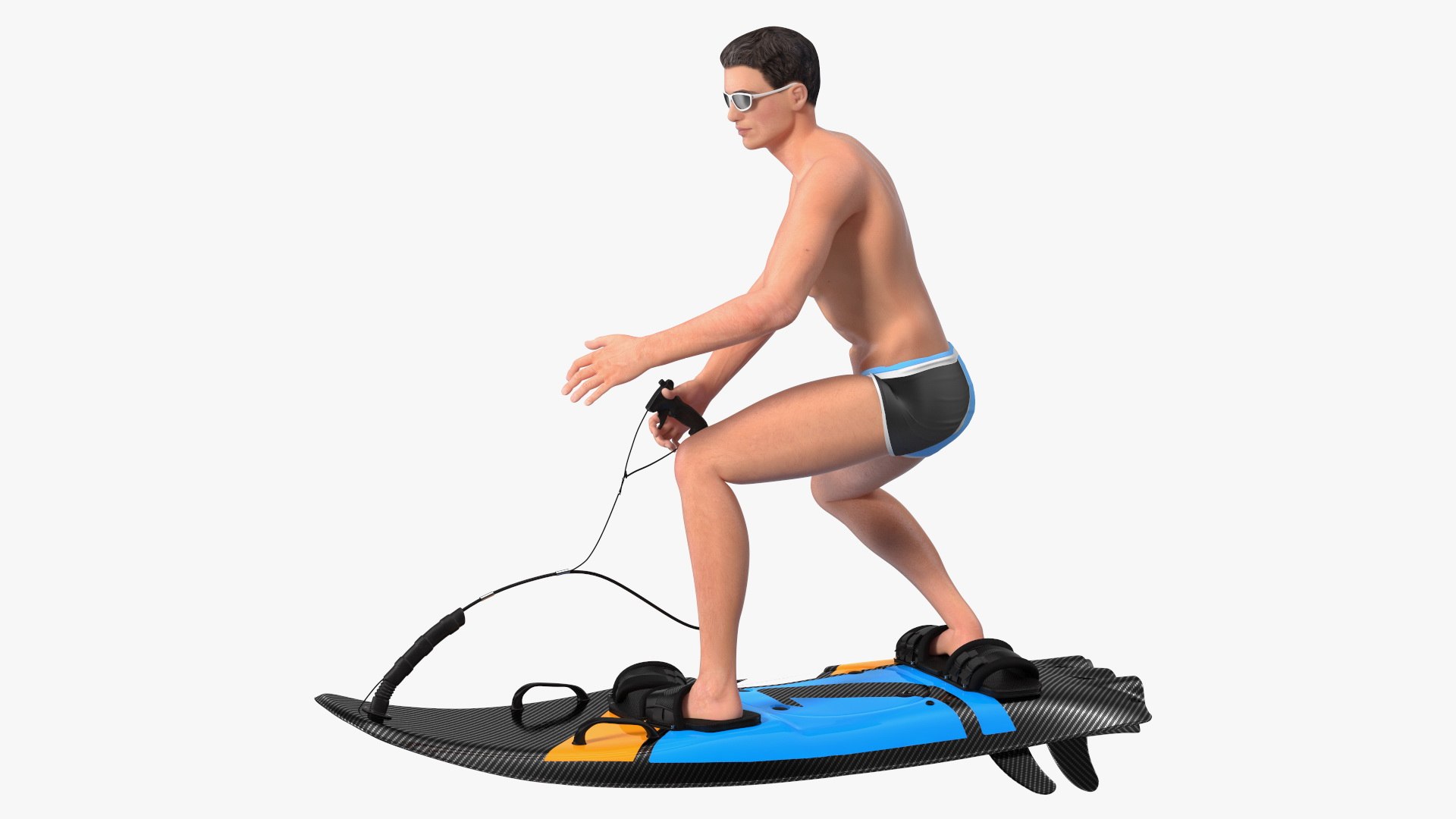 Motorised Surfboard Blue With Man in Swimwear 3D model preview
