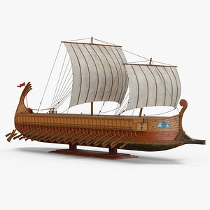 Miniature Roman Galley White Sails on Stand 3D