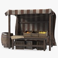 Medieval Food Market Stall with Striped Awning