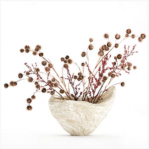 3D model Bouquet dried flowers holly branches dry thorns stone vase