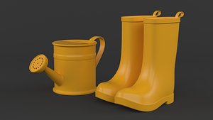 3D Yellow Rubber Boots with Watering Can model