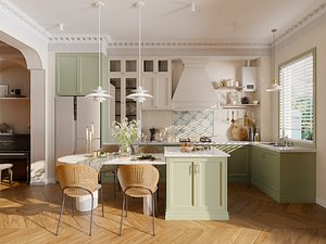 3D Modern Sage Green Kitchen Interior Scene 3D Model