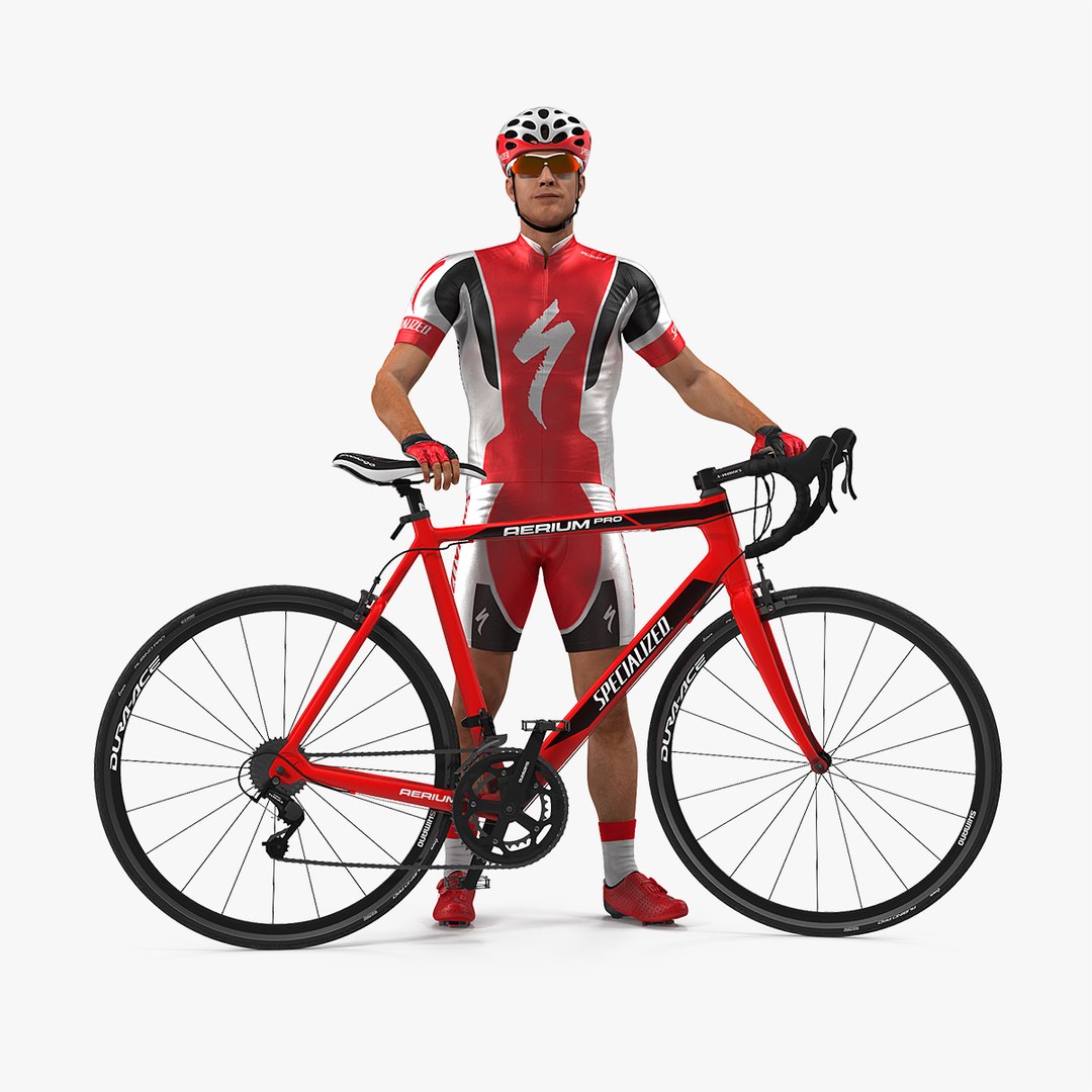 Bicyclist in Red Suit with Bike 3D model preview