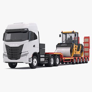 3D Iveco S-WAY Tractor and Lowboy Trailer with Volvo DD105 Road Roller Compactor