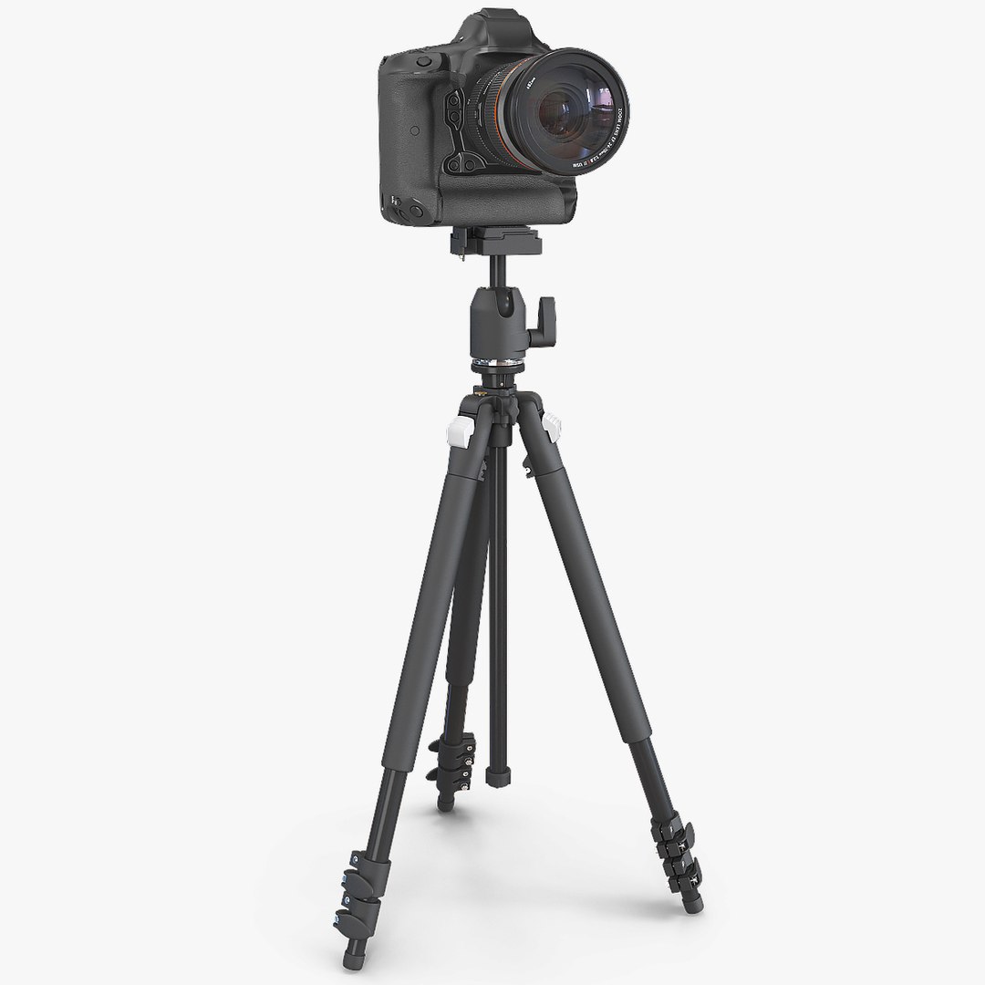 DSLR Camera with Zoom on Tripod 3D model preview