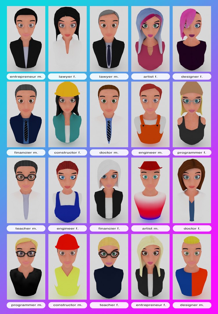 3D 20 male-female VR character avatars https://p.turbosquid.com/ts-thumb/gx/KjomaL/e7/avatars_2d/jpg/1634760505/1920x1080/fit_q87/ef5642c5c1a60b6abf67a8200a81024d55578b0a/avatars_2d.jpg
