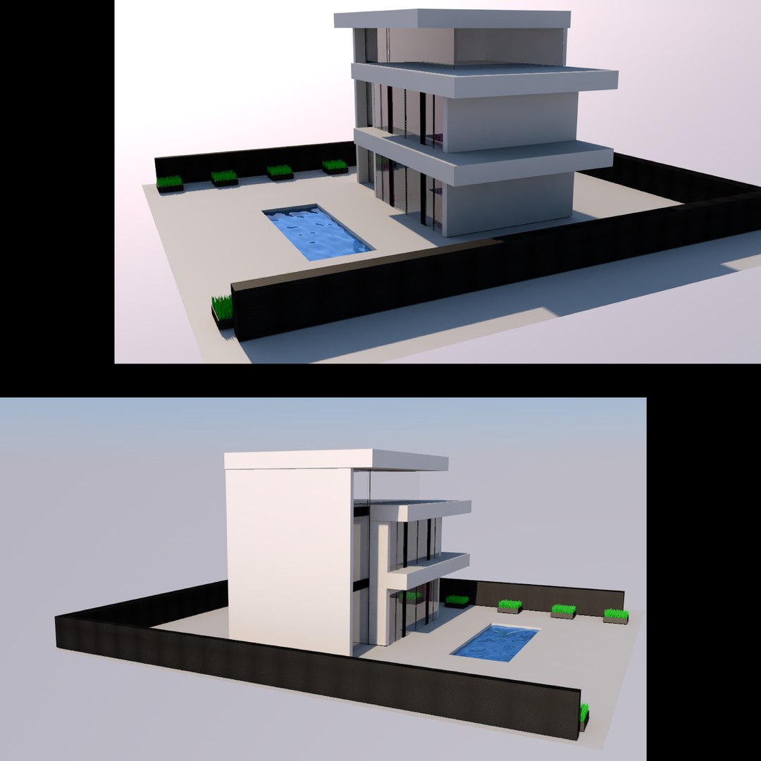 3D 3D House Model With Swimming Pool And Bushes Model - TurboSquid 2063952