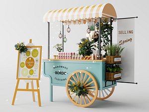 3D Modern Decorative Flower and Pastry Vendor Cart with Stall