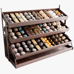 3D A display case in a supermarket or shop selling chocolates and gingerbread model