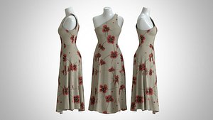 Woman Dress 2 Grey Floral Red Rose Fabric 3D model