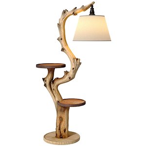 Rustic Eco-Style Wood Branch Floor Lamp with Shelves 3D model