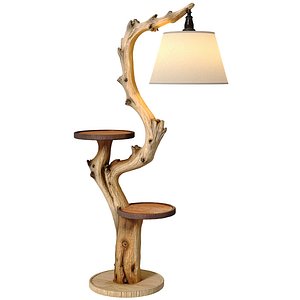 Rustic Eco-Style Wood Branch Floor Lamp with Shelves 3D model