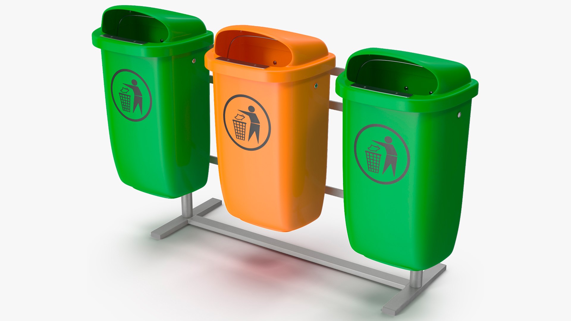 Outdoor Triple Plastic Trash Cans 3D model preview